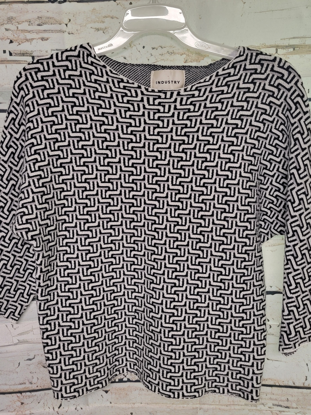 Industry Black White Geometric Knit Sweater Women's Medium 3/4 Sleeve
